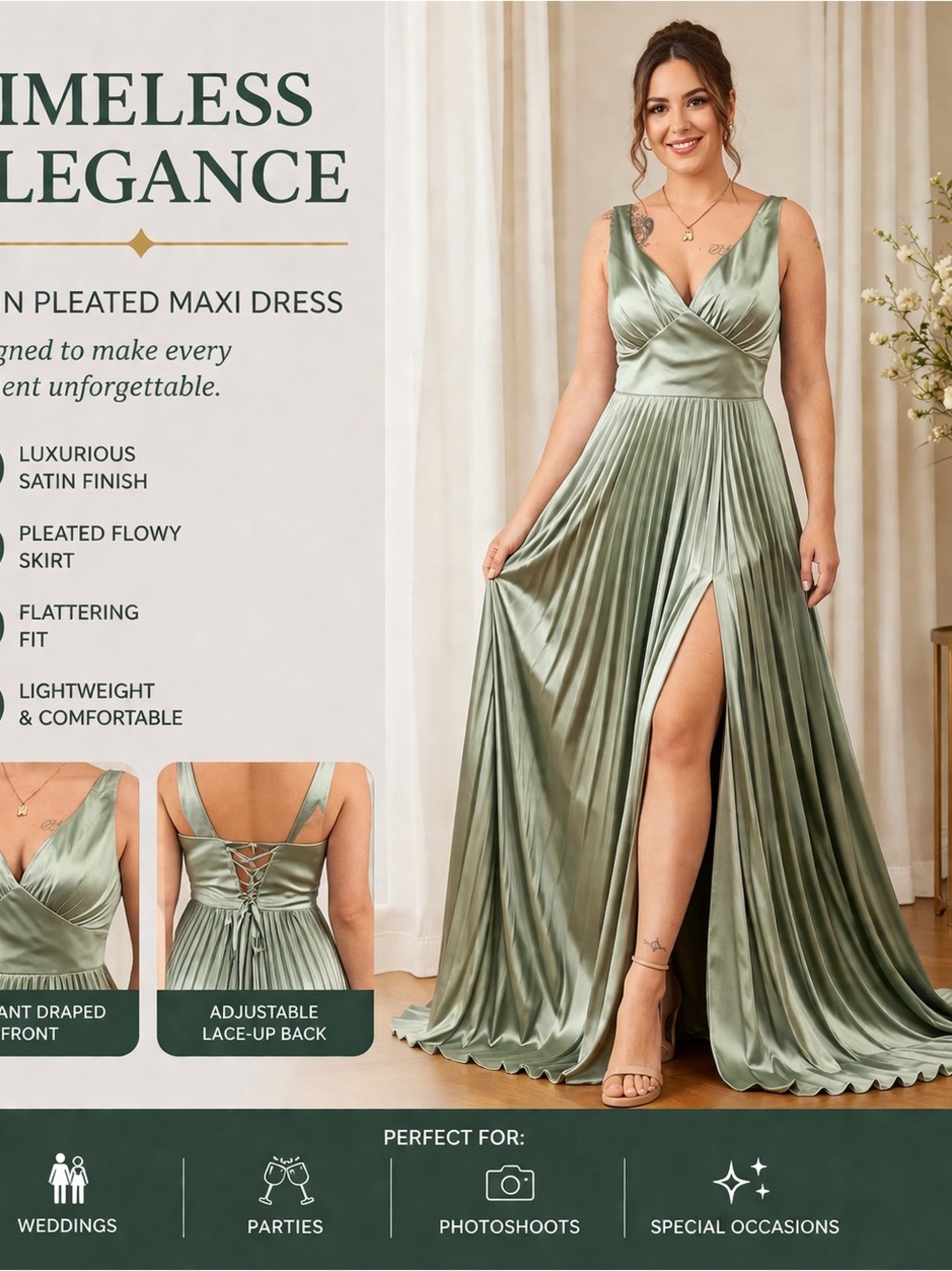 Satin Pleated Maxi Dress - Sage Green V-Neck